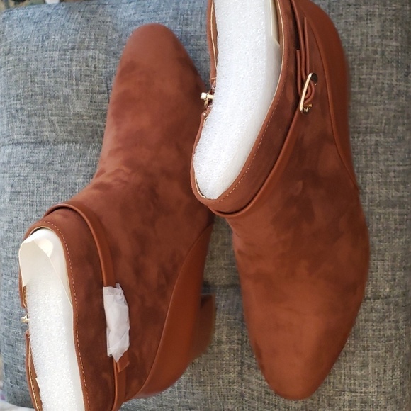 Coutgo Chunky Heel Round Toe Side Zip Metal Buckle Ankle Boots in Brown Size 9.5 - Picture 3 of 9